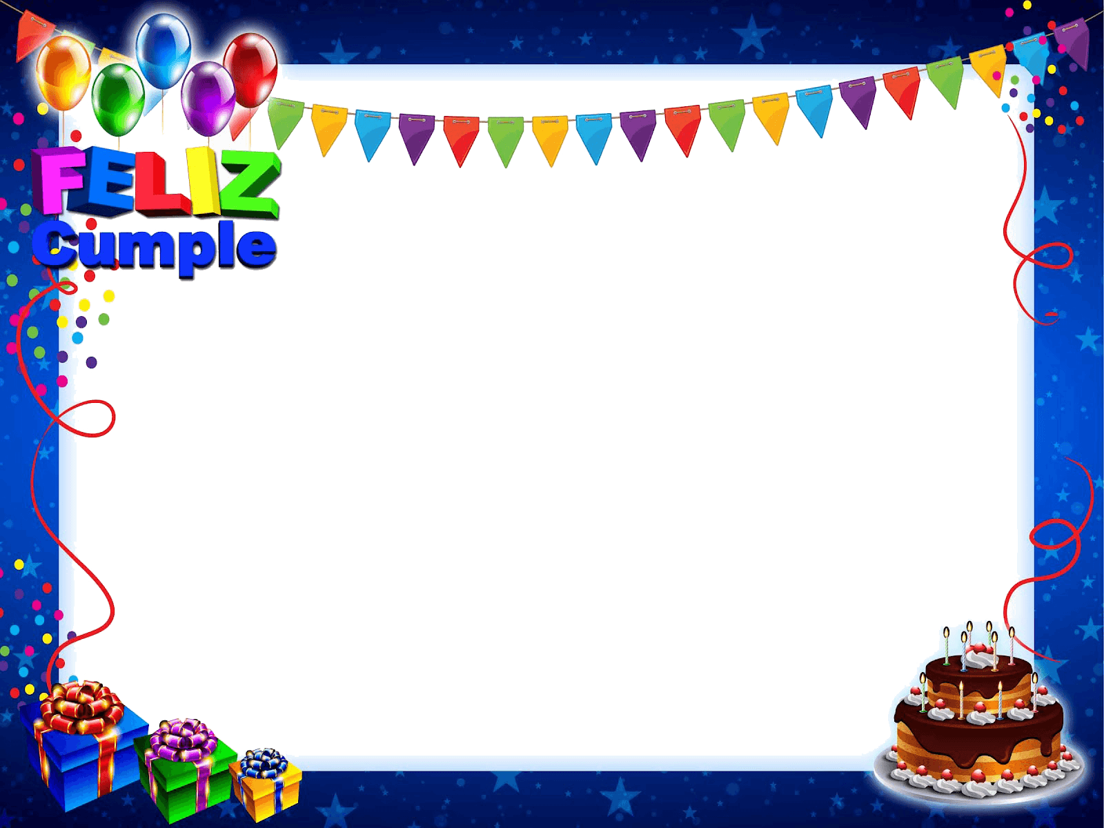 Marco de Feliz Cumpleaños Azul con Tarta y Regalos